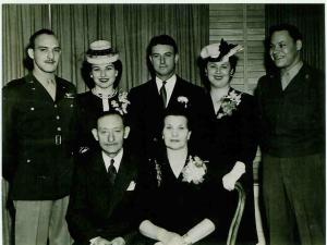 back row:
Bill Dumes, Lillian Dumes Zoll, Hyman Dumes, Jeannette Dumes Karp, Sol Dumes

Front Row:
Louis and Rebecca Dumes





 (~1945)