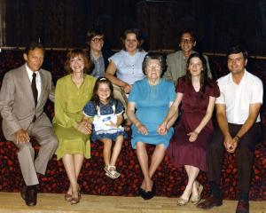 Front row, L to R: Stan Dumes, Phyllis Dumes, Tracey Simmons, Freda Dumes, Sandra Dumes Simmons, Gary Simmons

Back row, L to R: Bruce Dumes, Linda Hurley Dumes, Harold Dumes (1980)