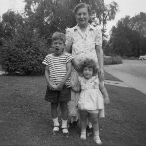 Phil Lieberman with Stephanie Lieberman Yusman in front, and I'm guessing their grandmother Rebecca Dumes Lieberman behind Stephanie. (1950)