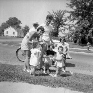 Dora Lieberman Lasky and Nate Lieberman in back (the adults) and Stephanie Lieberman Yusman 2nd from left with Phil Lieberman in the nifty flight cap on the far right.  The two other girls are Judy and Lynn Lasky. (1950)