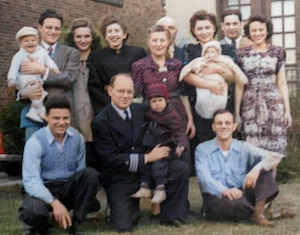Abe Lieberman Clan April 27, 1946<br><br>L to R, 1st row: Harry, Ben holding Jethro, Hy<br><br>L to R, 2nd row: Nathan holding Philip,  Hy's wife Ann, Pauline, Rebecca, Abe, Ben's wife Elizabeth holding Ed, Leonard and Dora