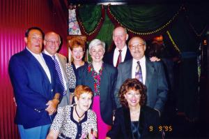 Back row L to R: Sol Karp, John Karp, Marylan Karp, Beverly Karp Mahone, Tom Mahone, Marv Finkelstein. Front row L to R: Sharon Karp, Karen Finkelstein. Taken at Rehersal Dinner for Jennifer Finkelstein and Chris Hall September 1995.

 (1995)