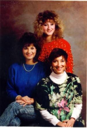 Karen Karp Finkelstein in front, Jennifer Finkelstein Hall in blue, Beth Finkelstein Perera in red.
 (~1988)