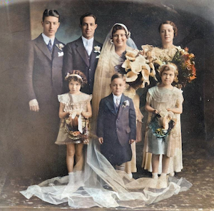 Wedding party of Ben and Jeannette Dumes Karp<br><br>Back row, L to R: Hy Dumes, Ben Karp, Jeannette Dumes Karp, Sophie Karp Feldman (Ben Karp's sister)<br><br>Front row, Norma(Naomi)Dumes Bear, Stan Dumes, Mildred Dumes Dansker