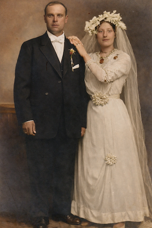 Abe and Becky Lieberman wedding photo. Abe and Becky were actually married twice. Once on February 27, 1913 in a civil ceremony and again in a religious ceremony on May 25, 1913 officiated by Jacob Kaplan with family and guests invited. 