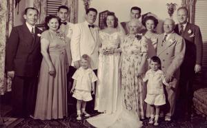 Wedding photo of Leon and Norma Bear

(L to R)- Sol Bear (Leon's father), Anna Bear (Leon's mother), Harold Bear (Leon's
brother), Leon Bear, Naomi Dumes Bear, Jennie Rosenberg Dumes, Ted Gluck, Libby Gluck,
Arthur Dumes, Bill Bumes (Norma's brother) and the 2 little kids are Mike
Gluck(blond on left) and Fred Gluck (on right side).



 (1949)