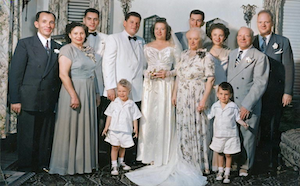 Wedding photo of Leon and Norma Dumes Bear<br><br>L to R:  Sol Bear (Leon's father), Anna Bear (Leon's mother), Harold Bear (Leon's brother), Leon Bear, Naomi Dumes Bear, Jennie Rosenberg Dumes, Ted Gluck, Libby Gluck, Arthur Dumes, Bill Dumes (Norma's brother) and the 2 little kids are Mike Gluck(blond on left) and Fred Gluck (on right side).