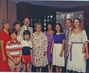 Beverly Mahone, Marylan, John Karp, Jeannette Karp, Karen, Jennifer, Marv, Beth Finkelstein
Front: Ben, Adam Karp at Jennifer's Bat Mitzvah.
 (1981)