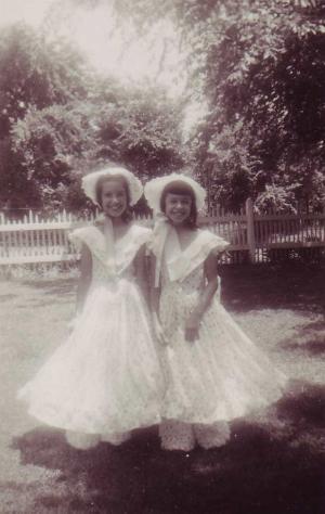 Karen and Beverly Karp, dressed for sesquicentennial parade, in dresses,pantaloon and bonnets made by Jeannette for her daughters. (1949)