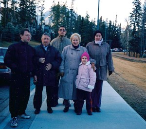 L to R: Lev Khitrin, Boris Khitrin, Lev Ginsburg (Lena's husband), Fira Khitrin, Michal, Lena Khitrin (2002)