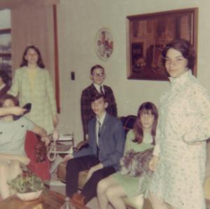 Passover 1966 at home of William J. Dumes in Vincennes.  Adie Dansker Himm on the left, then Bruce, Harold and Sandi Dumes and finally Denise Dumes Conrad on the right (1966)