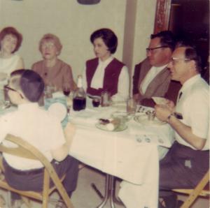 Passover 1966 at home of William J. Dumes in Vincennes.  Far left is Phyllis Dumes, Ida Abels (mother of Phyllis), Rose and Sol Dumes, Stanley Dumes.  Bruce Dumes has his back to us (his best angle) (1966)