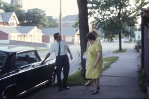 Stan Dumes opening the door for his mom Freda Fialco Dumes (~1970)