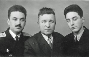 L to R: 
George, son of Polina, grandson of Genoch Dumesh, 
George Platonov, husband of Polina, the father of George and Victor and 
Victor, the son of Polina, grandson of Genoha Dumesh.
 (1960)