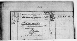 Record from 1875 showing Arja, son of Abram Nowoselok, age 34 and his sons, Mowshca 15 and David 11.  These records only contains names of men, as this record was used for the conscription into the army. (1875)