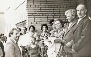 Tsilya (with a pie in her hands), Tsilya's husband Sergey (on Tsilya's left), Anatoly (young man with a mustache) (~1980)