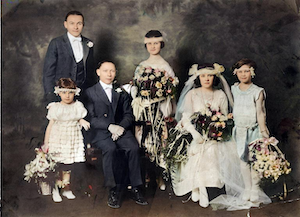 Freda and William J Dumes Wedding Party - April 15, 1923<br><P><br><br>from the left: Ed Minson(?) Best Man, Sophie Fishman,<br>William J. Dumes, Edith Pomerantz Maid of Honor (girlfriend of Freda),Freda Fialco Dumes, Florence Shapiro Arenstein<br><br> (1923)