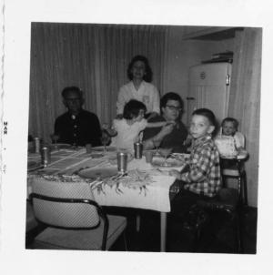 Probably Harold's 5th birthday.
L to R: William J. Dumes, Phyl Dumes holding Sandi, Freda Dumes, Harold Dumes and baby Bruce, who through the magic of perspective appears to have the entire cake to himself. (1957)