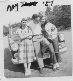 Stan and Phyl Dumes with friend by car (1951)