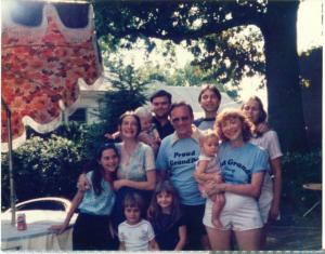 back row, l to r:Gary Simmons holding Bill Simmons, Harold Dumes, Marsha Bradford
middle row: Sandi Dumes, Stan Dumes, Phyl Dumes holding Hannah Dumes
front row: Tracey Simmons, Abby Dumes, Shana Simmons (~1985)