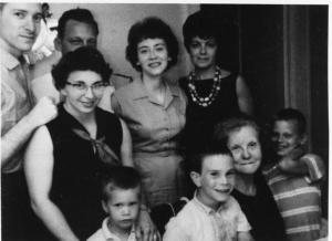 in back, l to r: Fred Solar, Jerry Solar, Stan Dumes, Phyl Dumes, unknown
front: Keith Solar, Reid Solar, Ida Abels, Bruce Dumes (~1964)