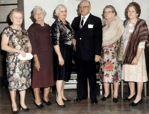 Zucker Family. I think at the Bar Mitzvah of Harold Dumes<br>L to right: Sarah Zucker Sachsel, Clara Zucker Witkin, Leah Zucker (Abe's wife), Abe Zucker, Fanny Zucker Smilo, Ida Zucker Abels