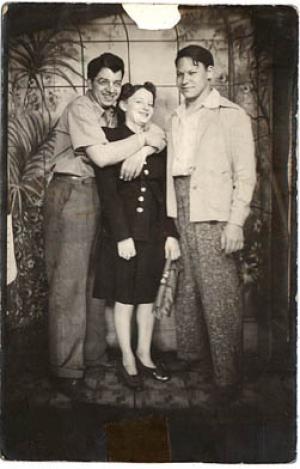 from left to right: Sam Zoll, Evelyn Dumes, Sol Dumes.  (1945?)