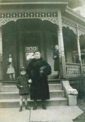 Sol Francis Karp and Yetta Karp (his grandmother) in front.  In the background are Mildred Dumes Dansker on the left and Esther Rosenberg on the right. (~1935)