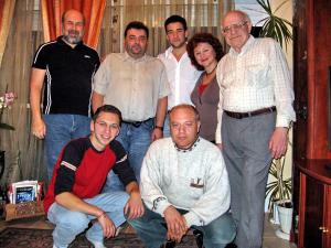 Genrikh (Henry) and Vadim Dumesh visit with Aaron Khitrin in Israel.  


back row: Gregory Gutkin, Genrikh Dumesh, Vadim Dumesh, Svetlana Gutkin, Aaron Khitrin
front row: Vadim David Gutkin, Yuri Khitrin


<b>Vadim David Gutkin</b> is a great-grandson of Sora Dumesh [Khitrin]. <b>Yuri Khitrin</b> is a grandson of Sora Dumesh [Khitrin]. <b>Gregory Gutkin</b> is the husband of the granddaughter of Sora Dumesh [Khitrin], Svetlana.  <b>Genrikh Dumesh</b> is the grandson of Israel Dumesh. <b>Vadim Dumesh</b> is the great-grandson of Israel Dumesh. <b>Svetlana Khitrin [Gutkin]</b> is a granddaughter of Sora Dumesh [Khitrin].  <b>Aaron Khitrin</b> is a son of Sora Dumesh [Khitrin]. (2008)