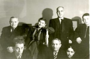  L-R back row: Moisey Dumesh, Lilia Dumesh , Lev Khitrin son of Gescha Dumesh , Boris Khitrin  son of Sema and grandson of Gescha Dumesh. In front, left to right:  Jacob Bort, Sema Khitrin,  son of Gescha Dumesh , Joseph Khitrin,   son of Sema and grandson of Gescha Dumesh (1954)
