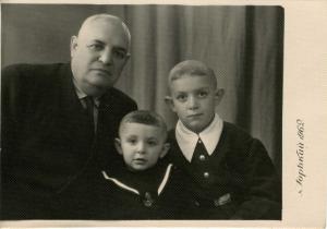 From left to right: Moisey Dumes; Moisey's grandchildren - younger son of his daughter Lilia Dumes, Vladimir Bort; older son of Lilia Dumes, Eugene Bort.
 (1962)