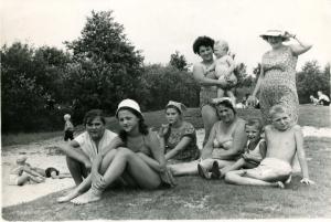  Seated L to R: Olga Dumesh Mikheev, Svetlana Khitrin [Gutkin], Eugenia Dumesh (Valder), Mother of  Berta Shapiro Khitrin, Vladimir Bort, Eugene Bort. Standing L to R: Berta Shapiro Khitrin holding Yuri Khitrin, Lilia Dumesh.                                                         (1965)